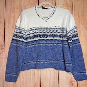 Sweater Project Fair Isle Knit V-Neck Sweater Womens XL Blue White Snowflake Y2K